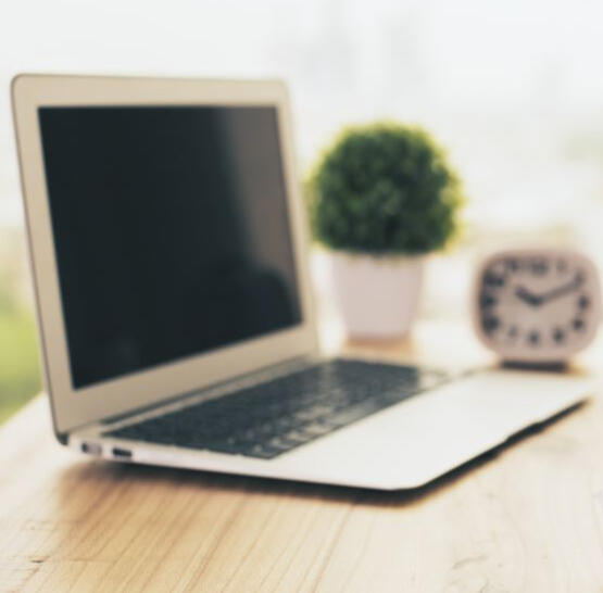 Image of a laptop on a wood desk with a plant and a clock in the background.